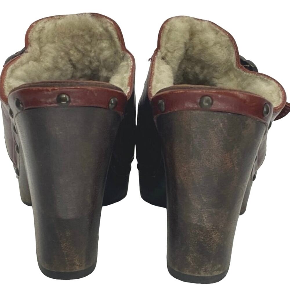 Frye Ella Clogs Stud Burgundy Leather Shearling Wood High Heels Womens 7 - Picture 4 of 8